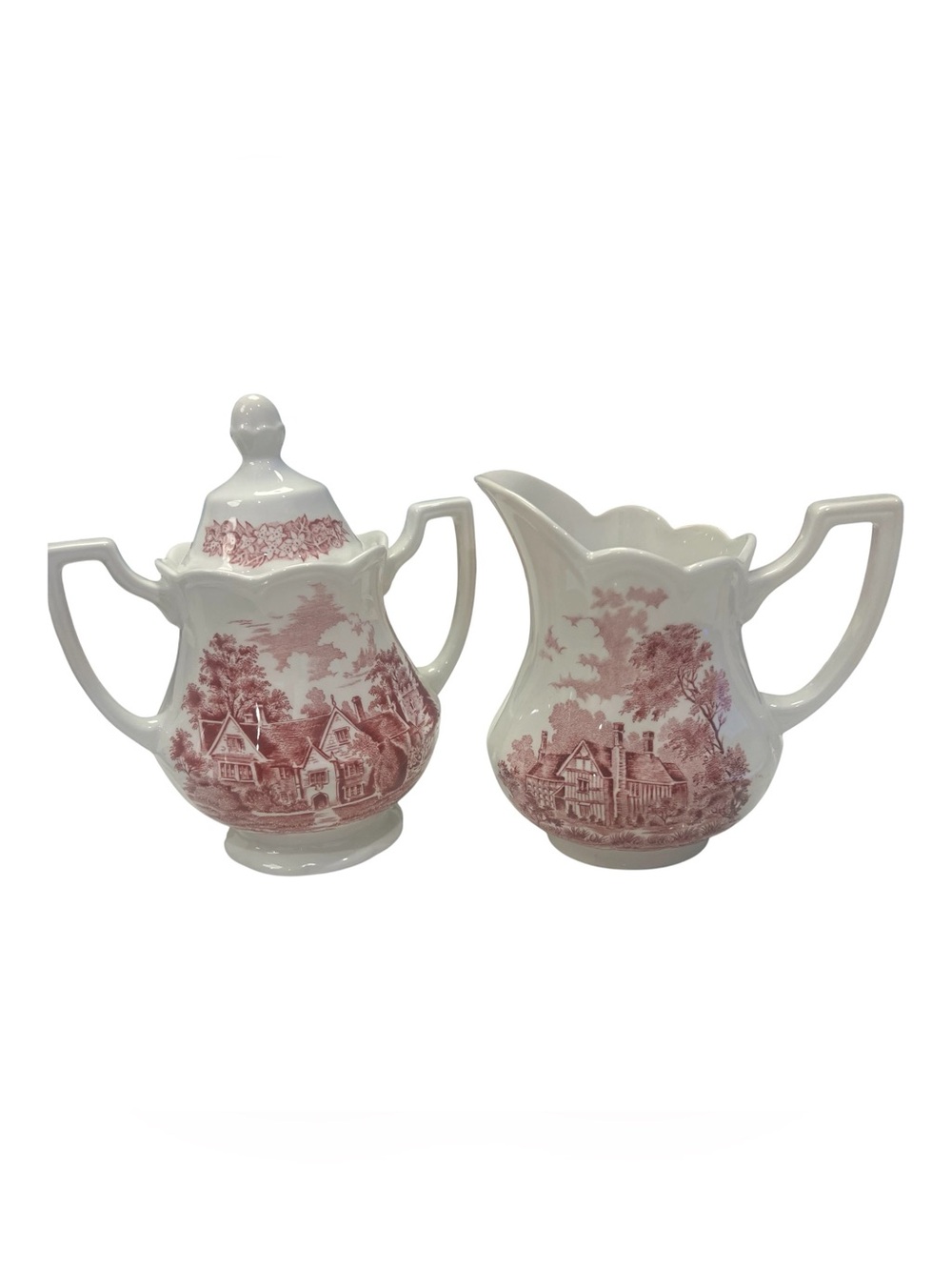 J&G Meakin Romantic England Red Transferware Sugar Bowl & Creamer Set